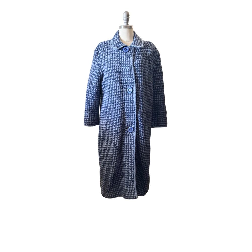 Vintage Peggy Peckros Hand Knit Blue Houndstooth Coat M/L Coatigan Unique